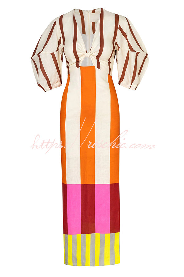 Linen Blend Color Block Puff Sleeve Maxi Dress