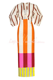 Linen Blend Color Block Puff Sleeve Maxi Dress