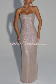 Sequin Pleated Cowl Neck Strapless Maxi Dress