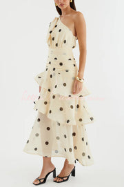Polka Dot One-Shoulder Sleeveless Layered Mesh Maxi Dress