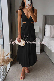 Satin Pleated Cutout Waist Sleeveless Midi Dress