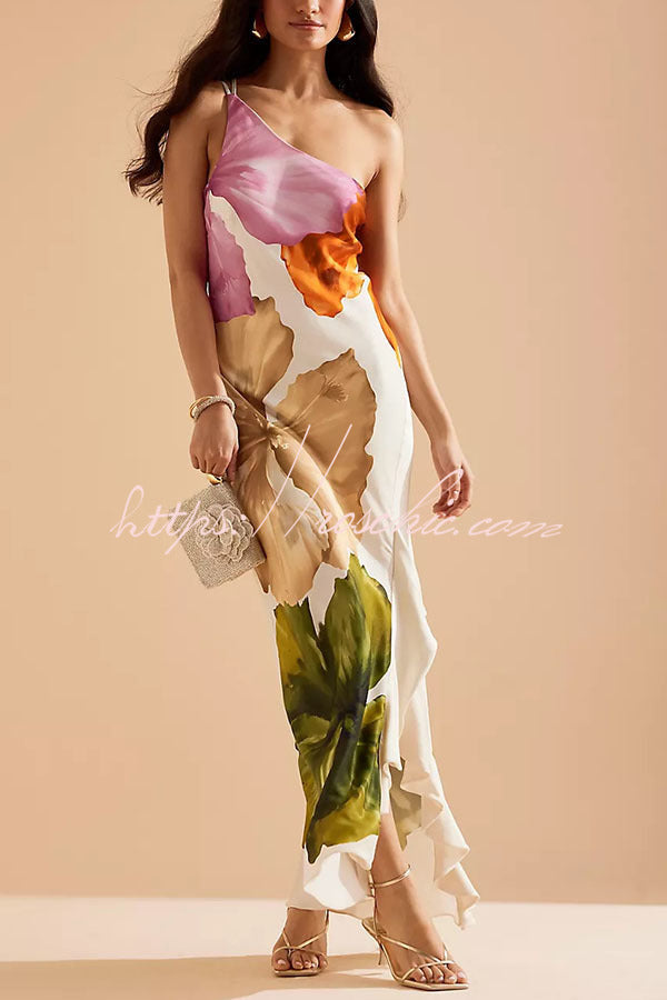 Floral Print One Shoulder Maxi Slip Dress with Side Ruffles
