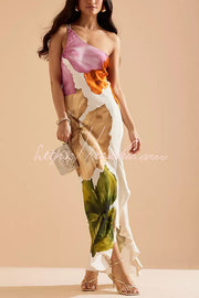 Floral Print One Shoulder Maxi Slip Dress with Side Ruffles