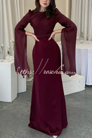 Ruched Organza Satin Patchwork Maxi Dress with Bell Sleeves