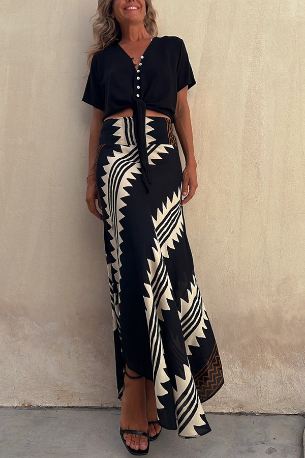 Satin Geometric Print Maxi Skirt with Elastic Waist