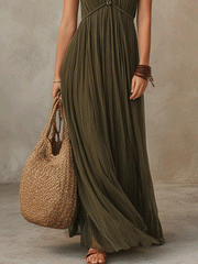 Olive Green Pleated Halter Maxi Dress | Boho Resort Style