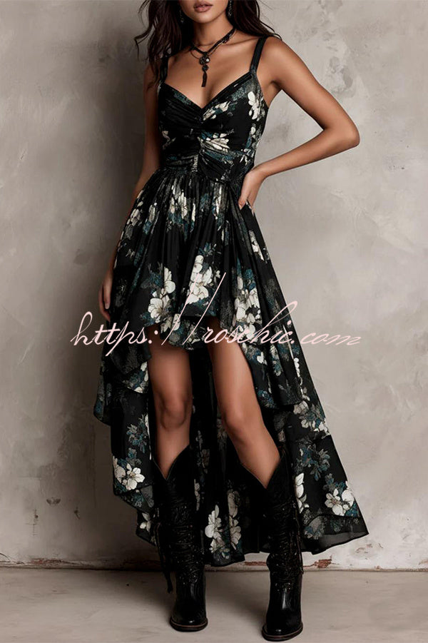 Floral High-Low Ruffle Dress – Sleeveless Loose Fit