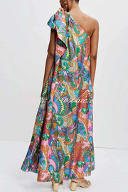 Satin One-Shoulder Maxi Dress – Rainbow Print Loose Fit