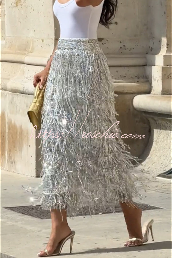 Sequin Midi Skirt with Layered Tassels and Back Slit