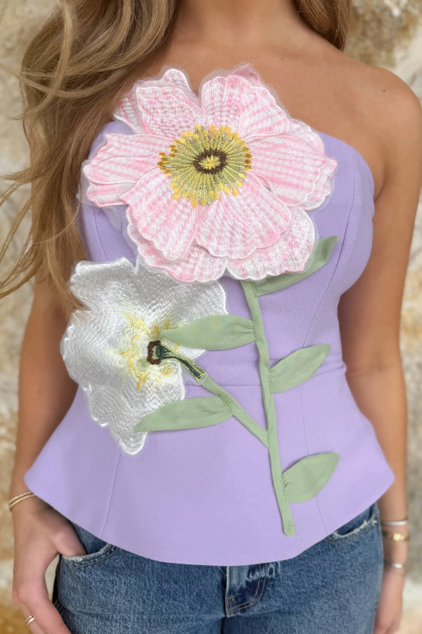 Floral Appliqué Off Shoulder Tank Top – Waist Length