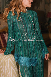Knit Zigzag Pattern Tassel Trim Top & Wide Leg Pants Set