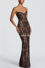 Floral Lace Strapless Maxi Dress with Lace-Up Back & Slit