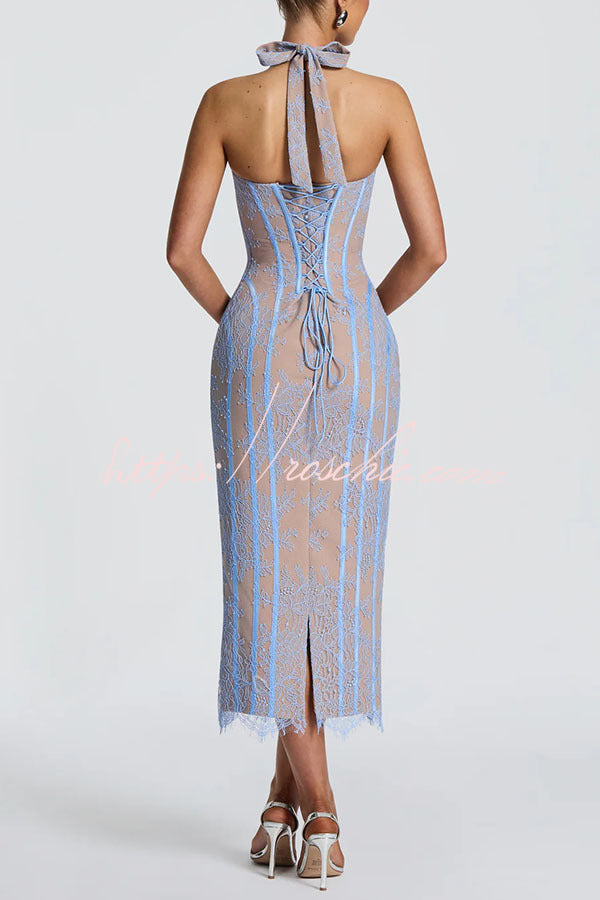 Floral Lace Halter Midi Dress with Lace-Up Open Back
