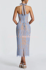 Floral Lace Halter Midi Dress with Lace-Up Open Back