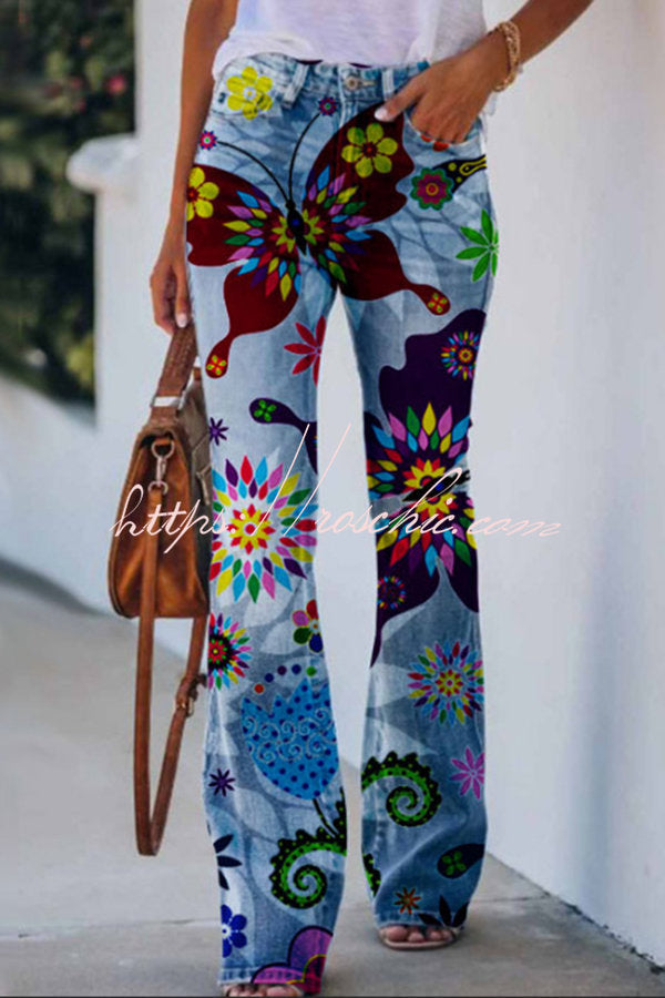 Faux Denim Print High Rise Flare Pants – Women's Casual