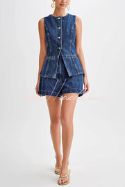 Denim Sleeveless Button-Up Vest Top with Princess Seams