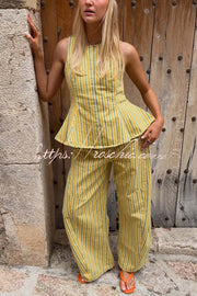 Striped Peplum Top and Wide Leg Pants Set with Pockets