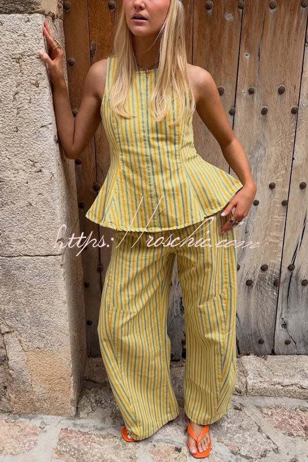 Striped Peplum Top and Wide Leg Pants Set with Pockets