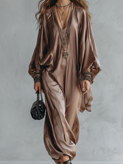 Champagne Satin Kaftan Jumpsuit With Batwing Sleeves
