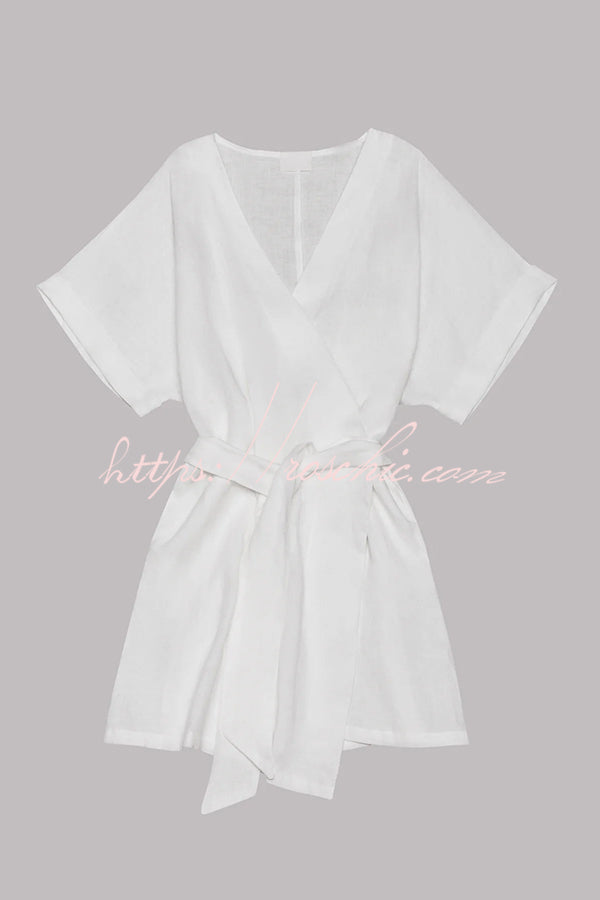 Cotton Linen Blend Kimono Mini Dress with Belt & Pockets