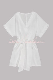 Cotton Linen Blend Kimono Mini Dress with Belt & Pockets