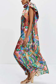 Satin One-Shoulder Maxi Dress – Rainbow Print Loose Fit