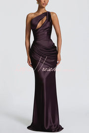 Satin One-Shoulder Maxi Dress with Corset Back Lace-Up