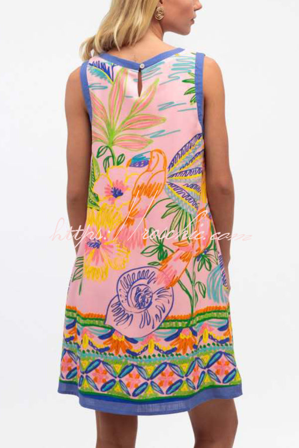 Printed Sleeveless Loose Mini Dress with Pockets