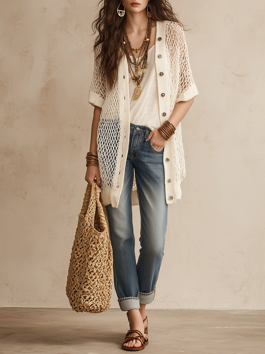 Open-Knit Ivory White Bohemian Cardigan for Resort Wear