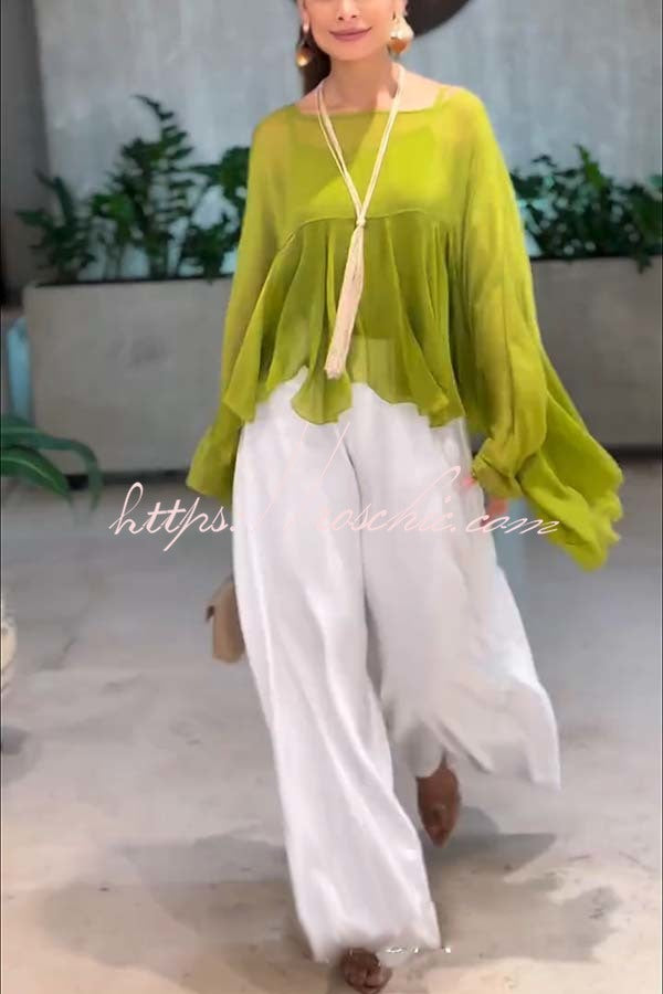 Chiffon Ruffle Batwing Top & Loose Pants Set – Vacation