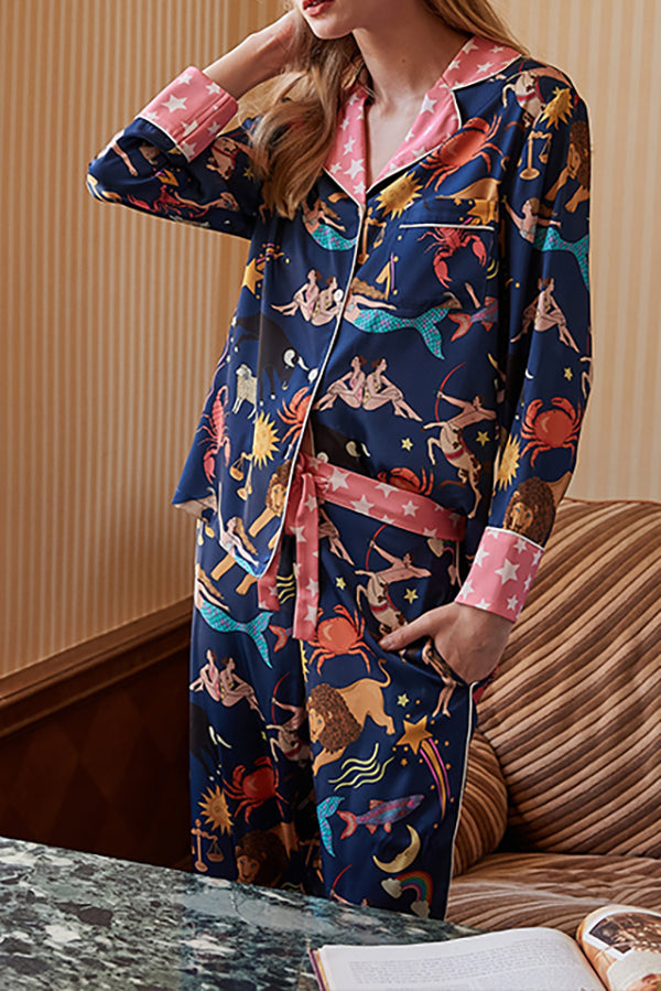 Blue Constellation Print Long Sleeve Two-Piece Lounge Set
