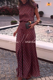 Satin High Neck Short Sleeve Top and High Rise Maxi Skirt Set