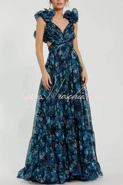 Floral Chiffon Tiered Ruffle Cutout Back Maxi Dress