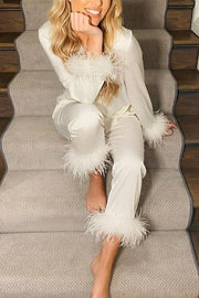 Feather Trim Lapel Two-Piece Pant Suit | Solid Color