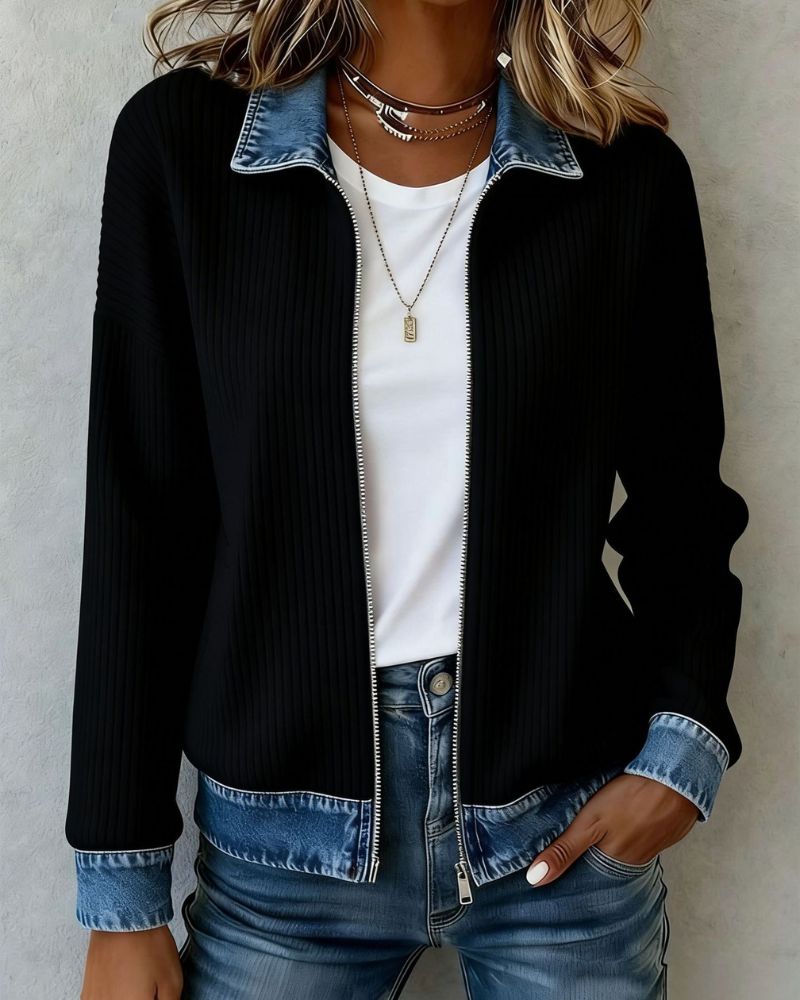 Knit-Paneled Denim Shirt Jacket