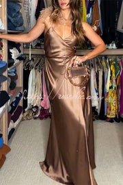 Satin Feather Trim Maxi Dress with V-Neck Slit & Tie Waist