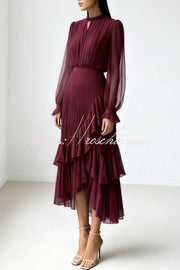 Ruffle Midi Dress Long Sleeve Round Neck Fitted Waist