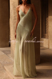 Pleated Patchwork Maxi Dress – Flowy Slit V-Neck