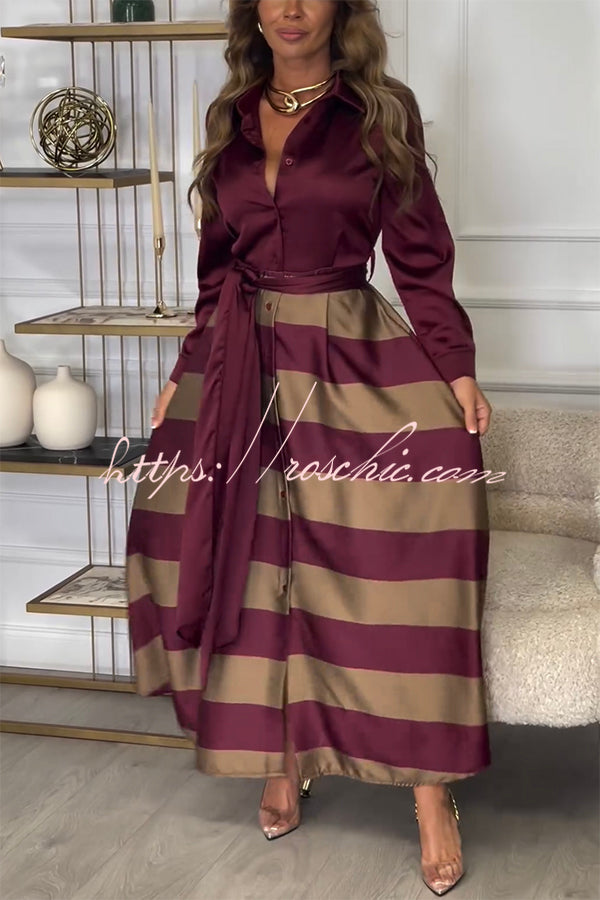 Satin Colorblock Long Sleeve Belted Maxi Shirt Dress