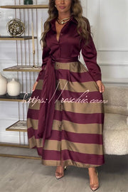 Satin Colorblock Long Sleeve Belted Maxi Shirt Dress