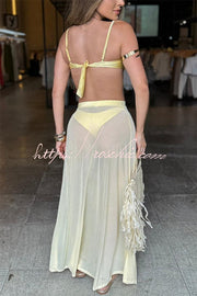 Colored Stone Detail Elastic Bikini & Tulle Lace-Up Maxi Skirt Set