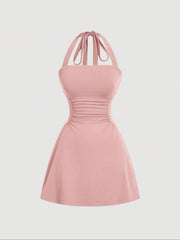 Women's Plain Ruched Tie Back Halter Dress, Casual Chic Sleeveless A Line Short Dress for Summer, Ladies Clothes for Daily Wear