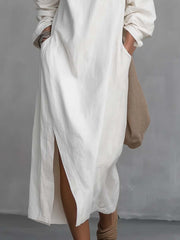 One Shoulder Cotton Linen Midi Dress with Split Hem