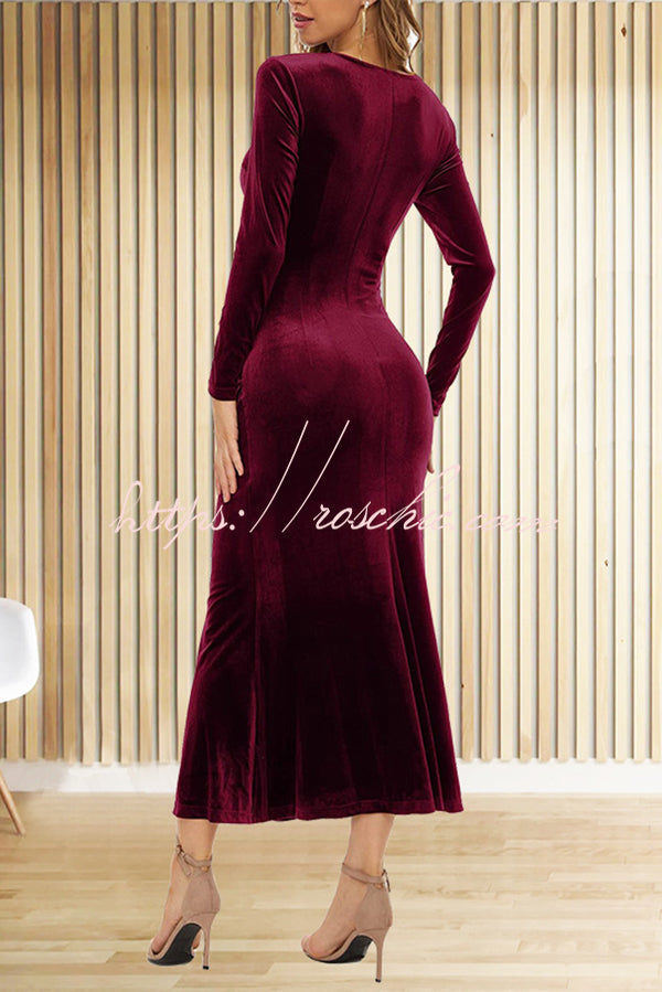 Velvet Long Sleeve V-Neck Fishtail Maxi Dress – Slim Fit
