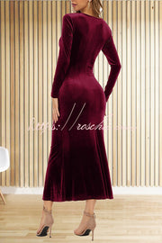 Velvet Long Sleeve V-Neck Fishtail Maxi Dress – Slim Fit