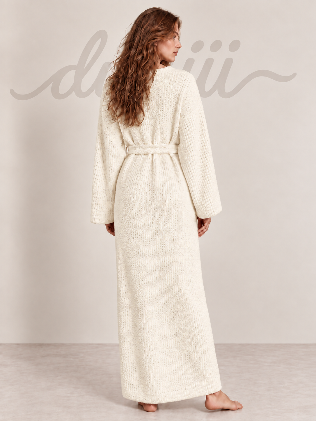 Textured Knit Full-Length Robe with Tie Belt