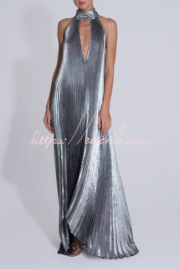 Metallic Pleated Halter Maxi Dress – Deep V-Neck