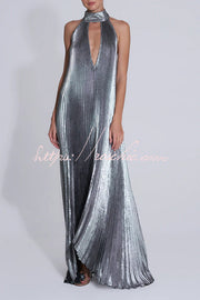 Metallic Pleated Halter Maxi Dress – Deep V-Neck