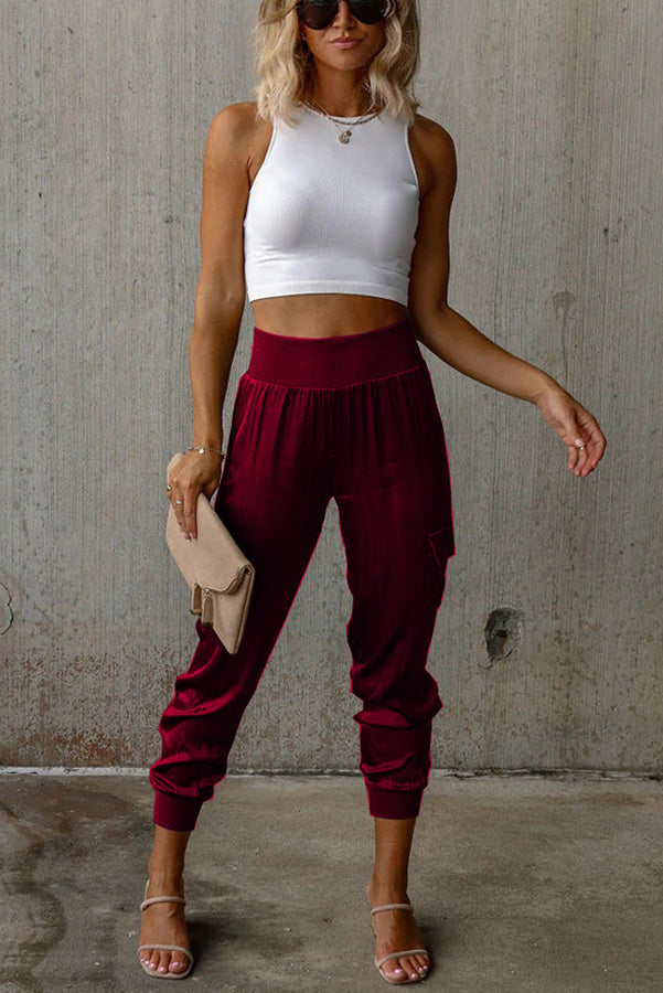 Satin High Waist Joggers with Pockets – Ankle Length
