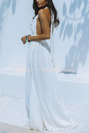 Linen Blend Halter Maxi Dress – Deep V Backless Cover Up